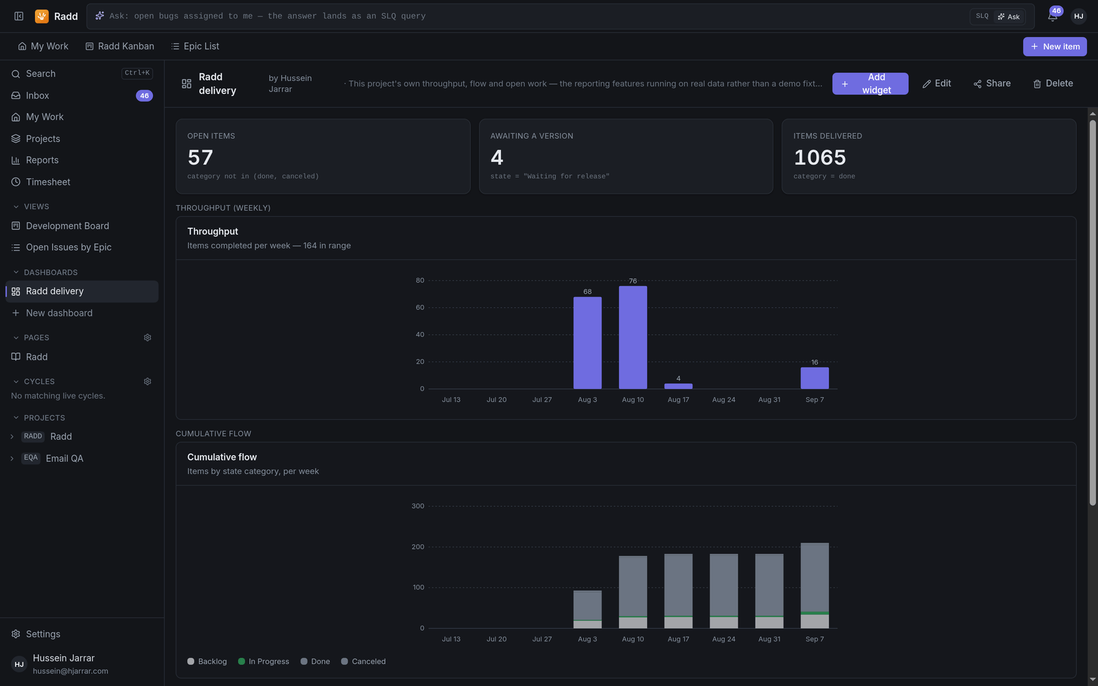 Dashboards and reports in Radd